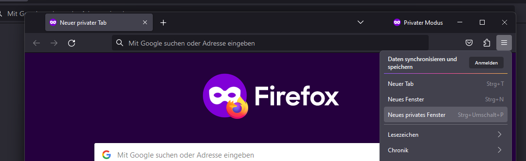 Screenshot von Firefox im Inkognito-Modus